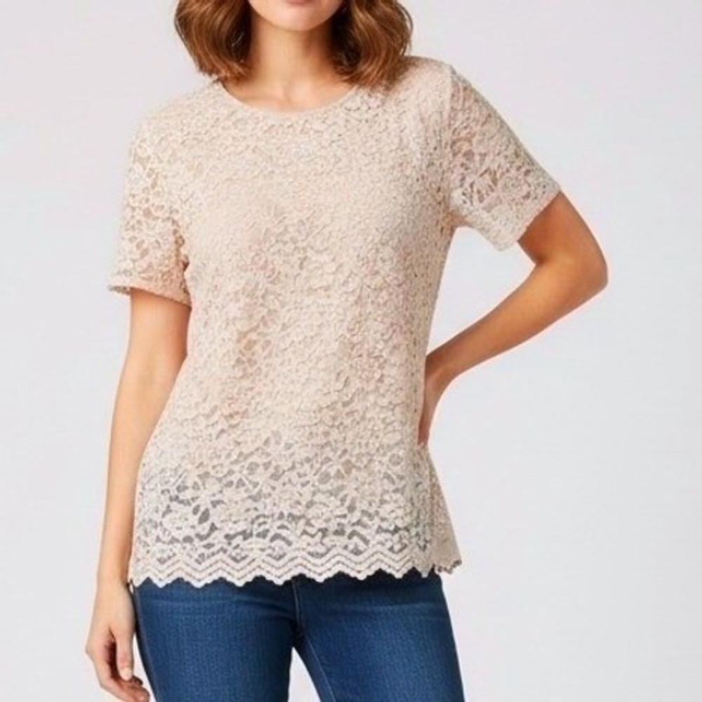 TEDDI ROSE Lace Overlay Top Blouse Short Sleeve‎ Rose Pink XL Valentines Day